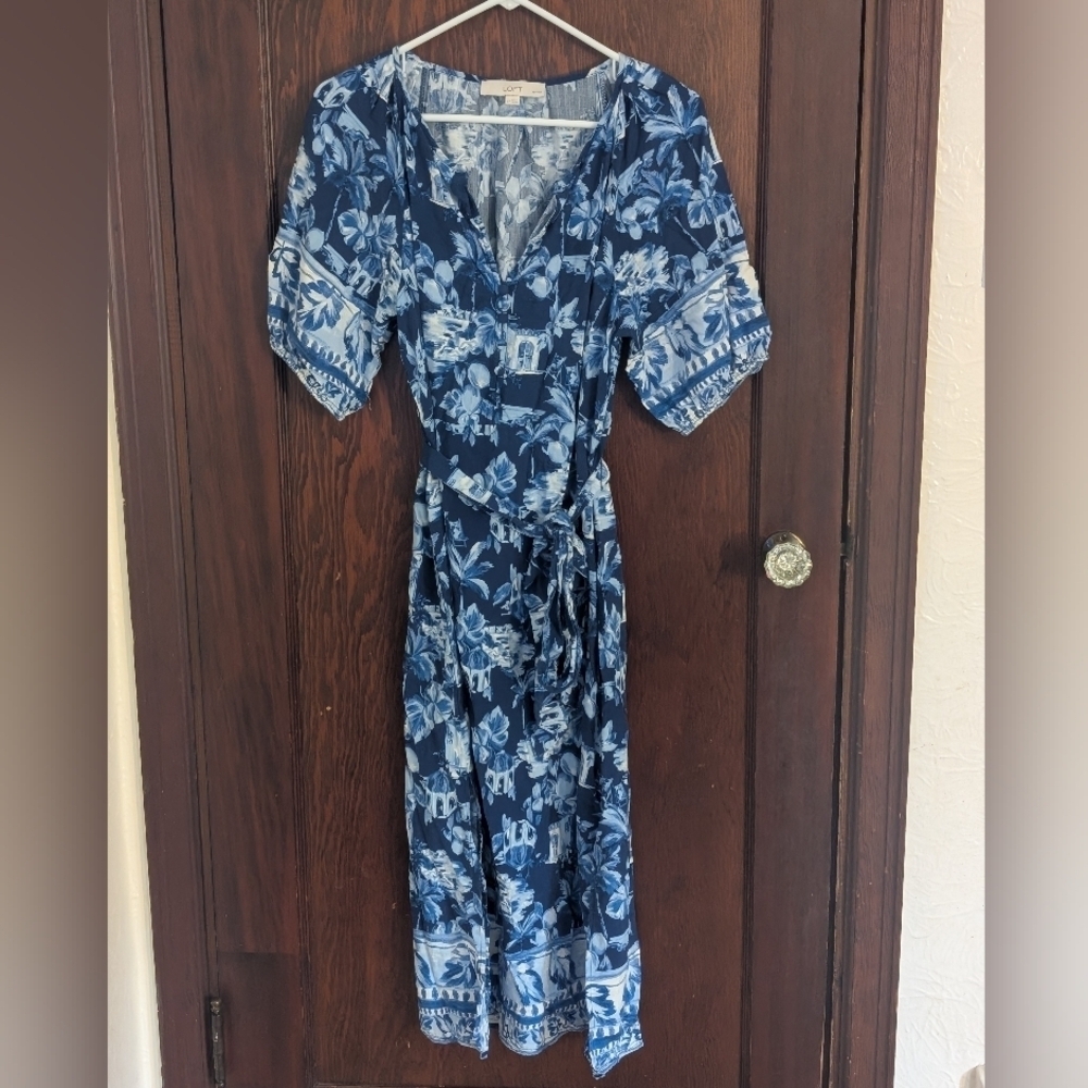 Loft Blue Hawaiian Vacation Print Short Sleeve Midi Dress Size Large Petite - Picture 1 of 7